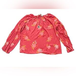 Sonoma “Pink Sunflower” Relaxed Ruched Boho Blouse  Size Large